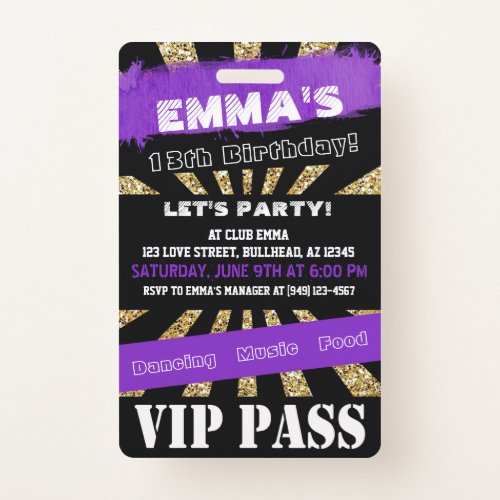 VIP Purple  Gold Any Event Pass Birthday Invite Badge