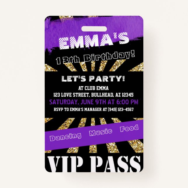 VIP Purple & Gold Any Event Pass Birthday Invite Badge (Front)