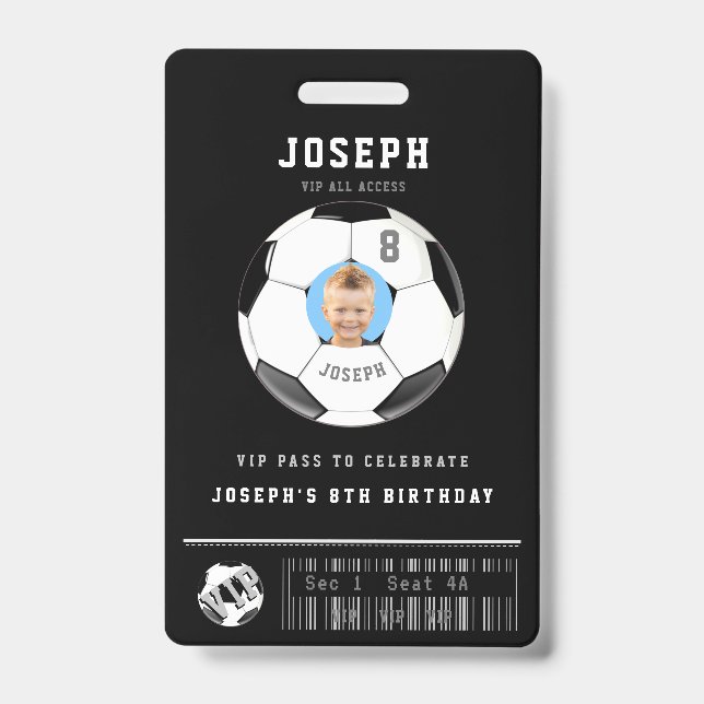 VIP Soccer Pass Custom Photo Birthday Party Badge (Front)