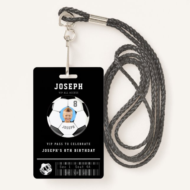 VIP Soccer Pass Custom Photo Birthday Party Badge (Front with Lanyard)