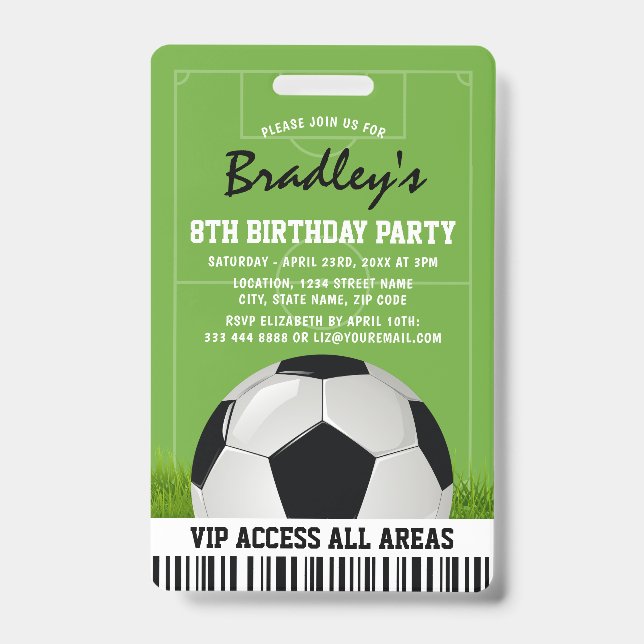 VIP Sports Pass Kids Soccer Birthday Party Badge (Front)