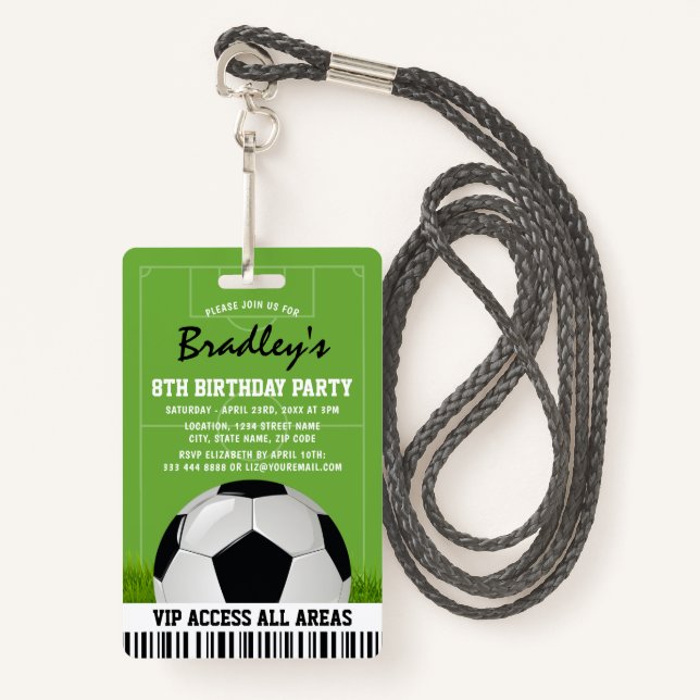 VIP Sports Pass Kids Soccer Birthday Party Badge (Front with Lanyard)