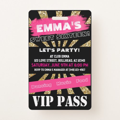 VIP Sweet 16 or Any Event Pass Custom Wording Badge