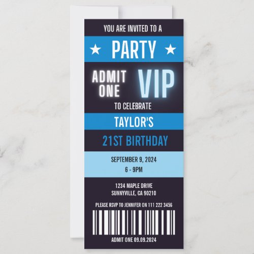 VIP Ticket 21st Any Age Birthday Party  Invitation