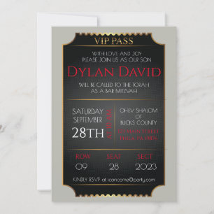 VIP TICKET in Black and Gold Bat Bar Mitzvah Invitation