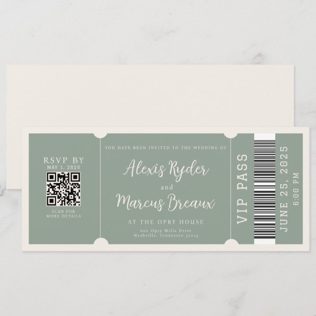 VIP Ticket Trendy Sage Wedding Invitation (Front/Back)