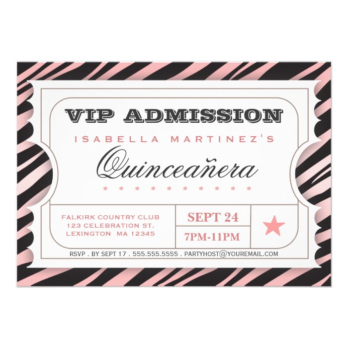 VIP Ticket Zebra Glam Quinceanera Birthday Party Custom Announcement