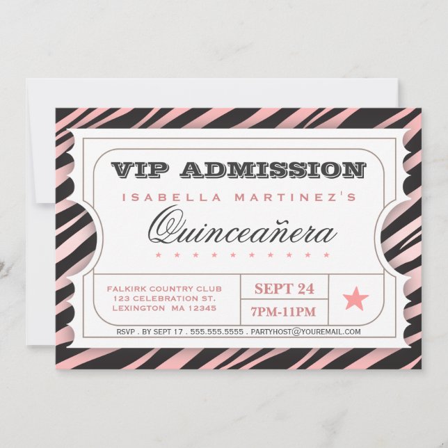 VIP Ticket Zebra Glam Quinceanera Birthday Party Invitation (Front)