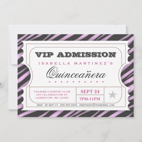 VIP Ticket Zebra Glam Quinceanera Birthday Party Invitation