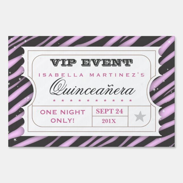 VIP Ticket Zebra Glam Quinceanera Party Sign (Back)