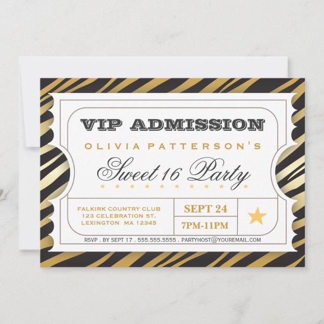VIP Ticket Zebra Glam Sweet 16 Birthday Party Invitation (Front)