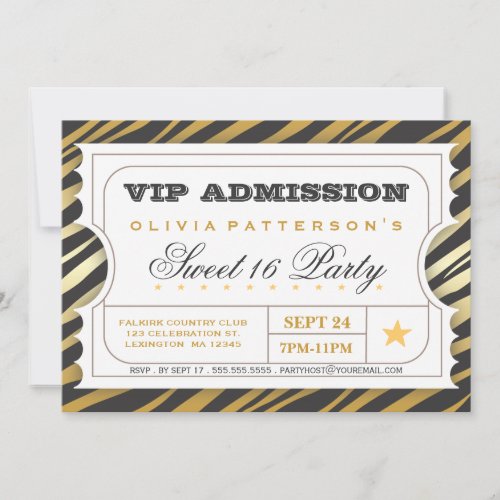 VIP Ticket Zebra Glam Sweet 16 Birthday Party Invitation