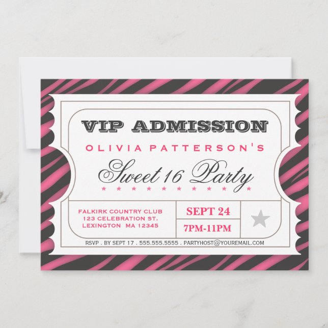 VIP Ticket Zebra Glam Sweet 16 Birthday Party Invitation (Front)