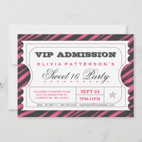 VIP Ticket Zebra Glam Sweet 16 Birthday Party Invitation