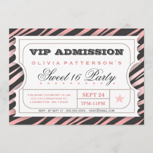 VIP Ticket Zebra Glam Sweet 16 Birthday Party Pink Invitation