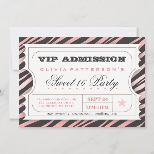 VIP Ticket Zebra Glam Sweet 16 Birthday Party Pink Invitation