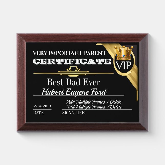 VIP Very Important Parent 2 Award Plaque (Horizontal)