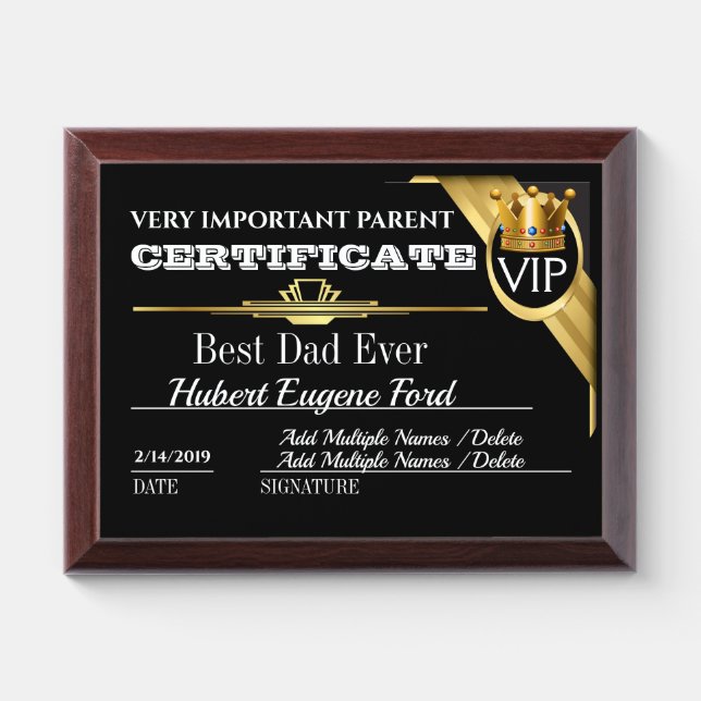 VIP Very Important Parent 2 Award Plaque (Horizontal)