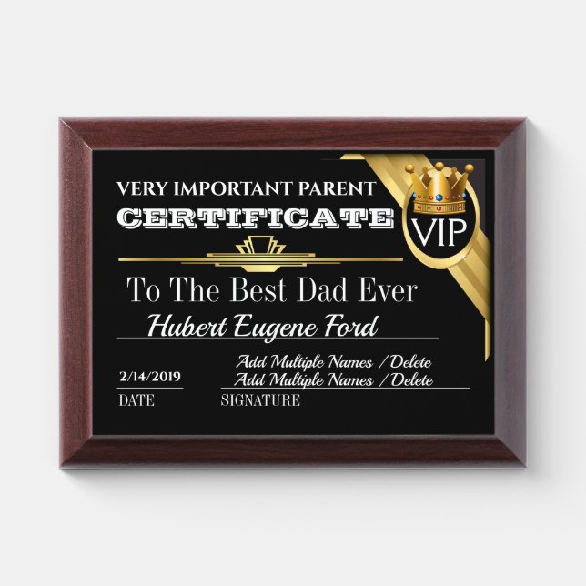 VIP Very Important Parent Award Plaque (Horizontal)