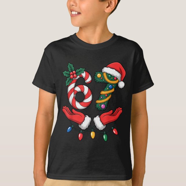 Viral 67 Hands Gesture Candy Canes Santa Holiday K T-Shirt (Front)