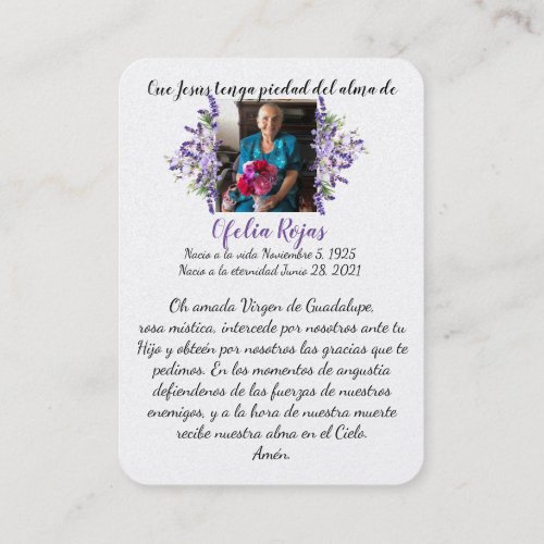 Virgen De Guadalupe Funeral Memorial Card