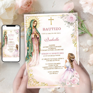 Virgen Guadalupe Bautizo Niña Pink Roses Gold Invitation