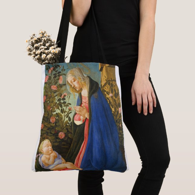 VIRGIN ADORING SLEEPING CHRIST CHILD  TOTE BAG (Close Up)