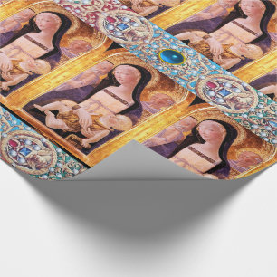 VIRGIN AND CHILD, ANGELS WITH RED BLUE GEMSTONES WRAPPING PAPER