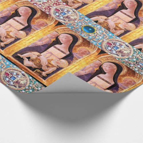VIRGIN AND CHILD ANGELS WITH RED BLUE GEMSTONES WRAPPING PAPER