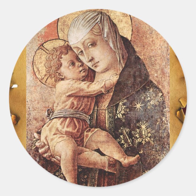 VIRGIN AND CHILD CHRISTMAS PARCHMENT CLASSIC ROUND STICKER (Front)