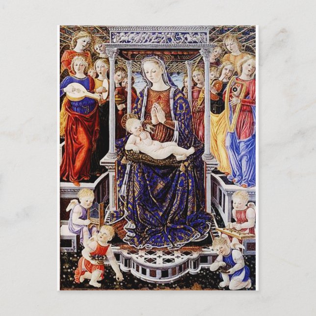 Virgin and Child Enthroned with Music-Making Angel Postcard (Front)