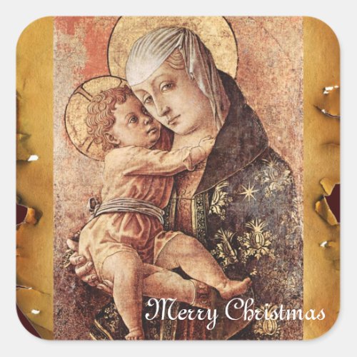 VIRGIN AND CHILD MERRY CHRISTMAS PARCHMENT SQUARE STICKER