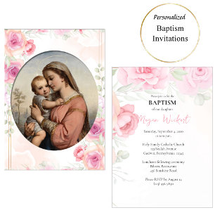 Virgin and Child Soft Pink Roses Catholic Baptism Invitation