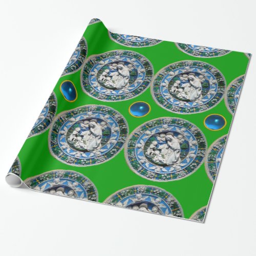 VIRGIN AND CHILD WITH ANGELSBlue Sapphire Green Wrapping Paper