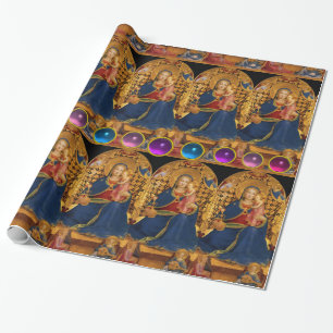 VIRGIN AND CHILD WITH ANGELS ,PINK BLUE GEMSTONES WRAPPING PAPER