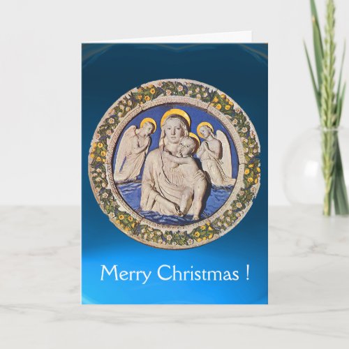 VIRGIN AND CHILD WITH ANGELS Round Blue Sapphire Holiday Card
