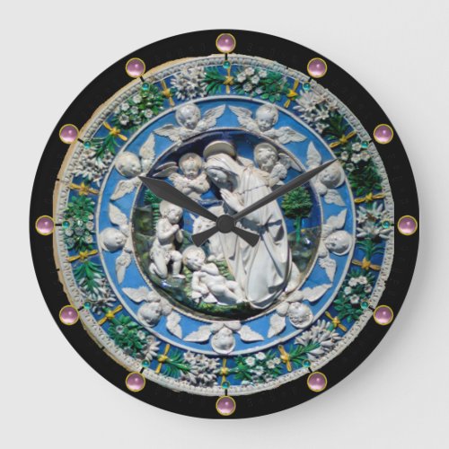VIRGIN AND CHILD WITH ANGELS Round Pink Gemstones Large Clock