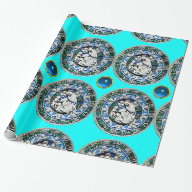 VIRGIN AND CHILD WITH ANGELS,Turquoise Blue Wrapping Paper (Unrolled)
