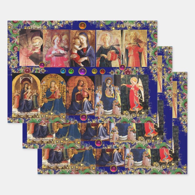 VIRGIN,CHILD AND ANGELS,Gold Blue Floral Christmas Wrapping Paper Sheets (Set)