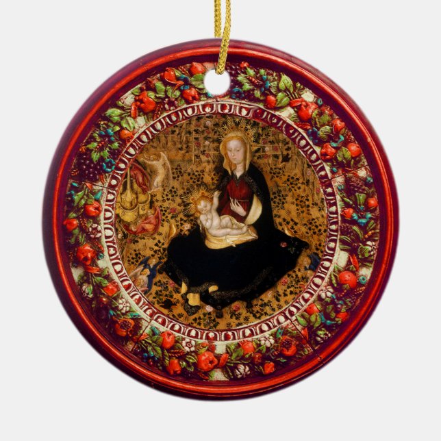 VIRGIN,CHILD AND ANGELS Red Floral Crown Christmas Ceramic Ornament (Front)
