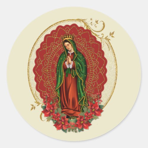 Virgin Guadalupe Catholic Christmas Pointsettia  Classic Round Sticker