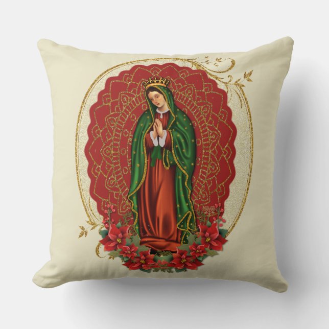 Virgin Guadalupe Catholic Christmas Pointsettia Th Throw Pillow (Front)
