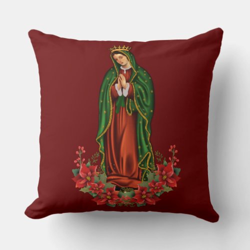 Virgin Guadalupe Catholic Christmas Pointsettia Throw Pillow
