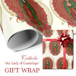 Virgin Guadalupe Catholic Christmas Pointsettia   Wrapping Paper<br><div class="desc">This is a beautiful custom designed traditional Catholic Spanish religious image of the Blessed Virgin Mary,  Our Lady of Guadalupe also known as Our Lady of the Americas.(Mexico). with red pointsettia's below.</div>