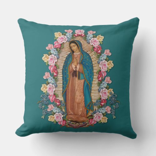 Virgin Guadalupe Catholic Religious Roses Throw Pi Throw Pillow