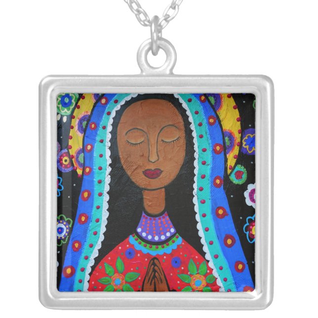 Virgin Guadalupe Painting by Prisarts Silver Plated Necklace (Front)