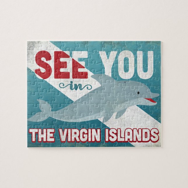 Virgin Islands Dolphin - Retro Vintage Travel Jigsaw Puzzle (Horizontal)