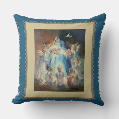 Virgin Madonna Mary with Christ Child Jesus Angels Throw Pillow