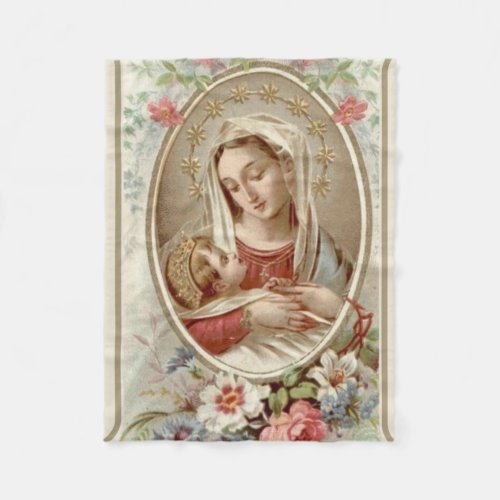 Virgin Madonna Mary with Christ Child Jesus Roses Fleece Blanket