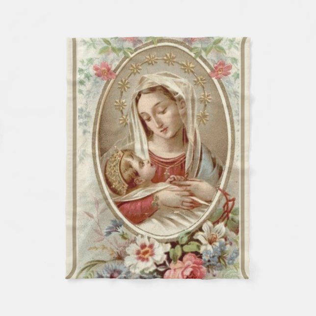 Virgin Madonna Mary with Christ Child Jesus Roses Fleece Blanket (Front)